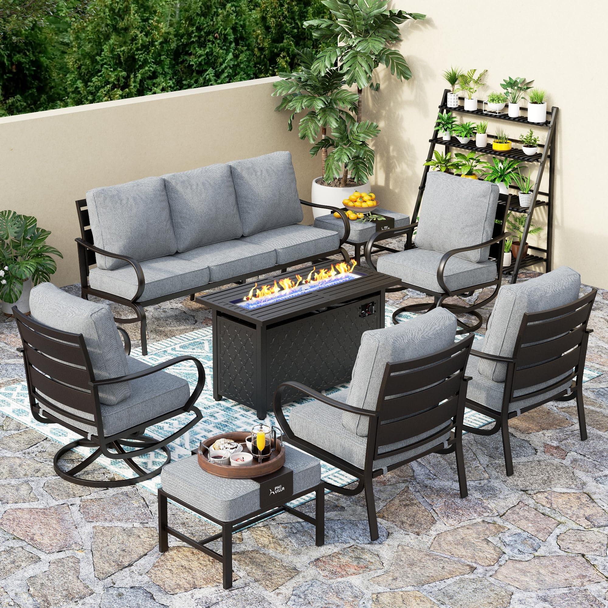 PHI VILLA 8 PCS Patio Furniture Set with Fire Pit Table,Metal Outdoor Furniture with 1 x 3-Seat Bench Sofa, 2 x Swivel Sofa Chairs, 2 x Leg Chair & 2 x Ottoman, Modern Patio Set, Grey