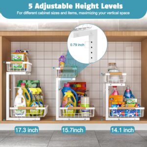 Liuoud Under Sink Organizer 2 pack, 2 Tier Slide Out Under Sink Organizers And Storage, Height Adjustable Pull Out Cabinet Organizer Drawers, Kitchen Bathroom Metal Sink Storage Shelves, White