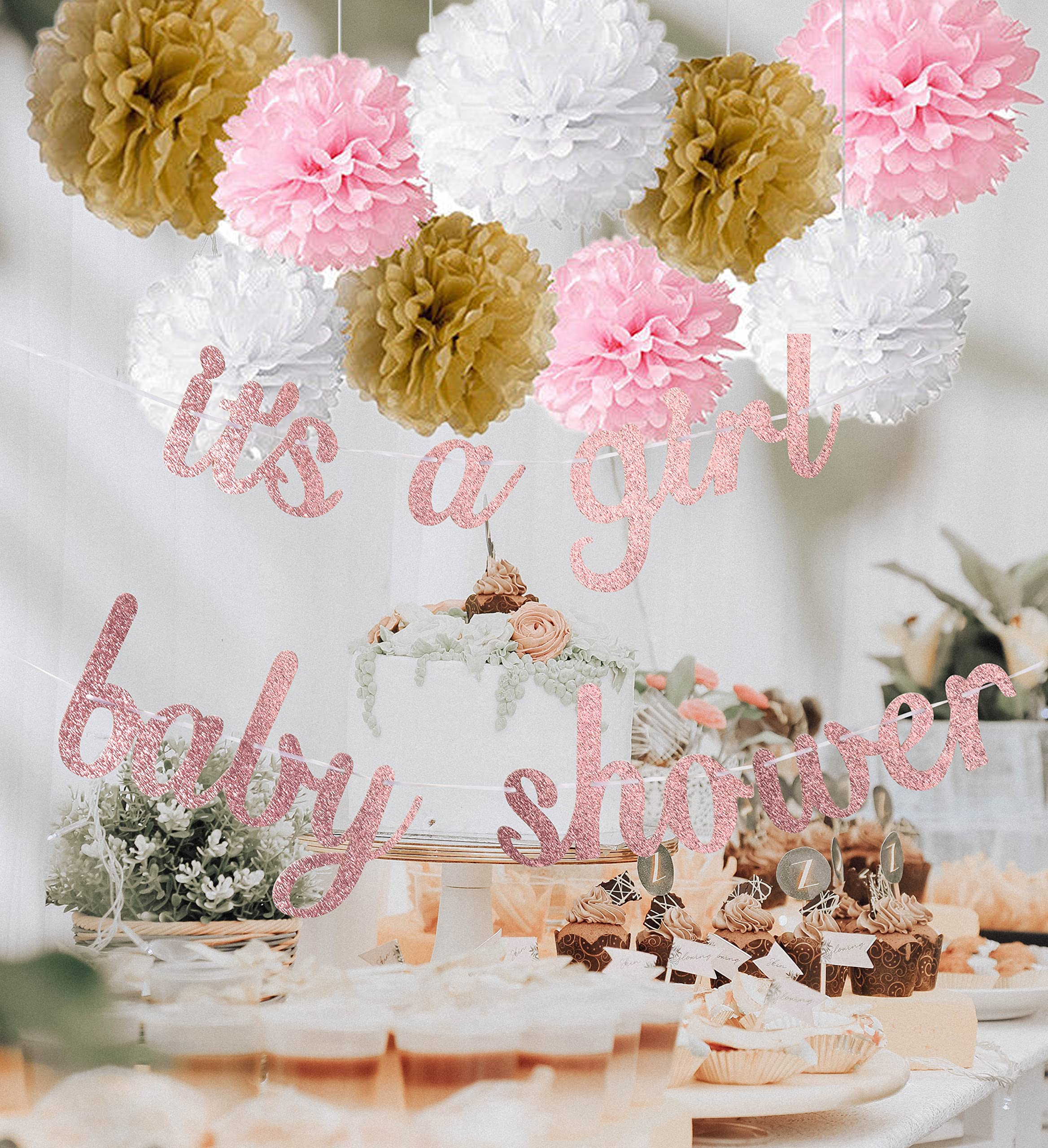 Kiwayo Baby Shower Decorations for Girl- Rose Gold Glitter Banner, Tissue Paper Poms, Round Dots Garland and Tassels Garland- Baby Girl Gender Reveal Birthday Party Decorations