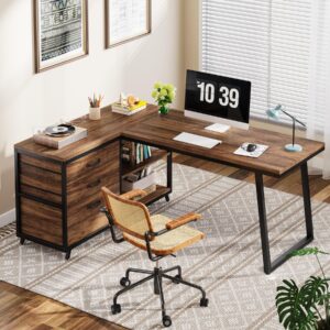 LITTLE TREE Reversible 53-inch L Shaped Desk with 3 Drawer, Farmhouse Corner Desk Gaming Table with Shelves and File Cabinet for Letter Size & Legal Size File for Home Office and Small Space, Brown