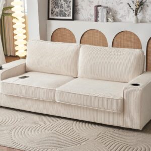 Jocisland Sofa, 89 Inch Deep Seat Couch with USB Charging Stations & Drink Holders, Modern Sofa- Comfy Sofa Couch for Living Room (Beige Corduroy)