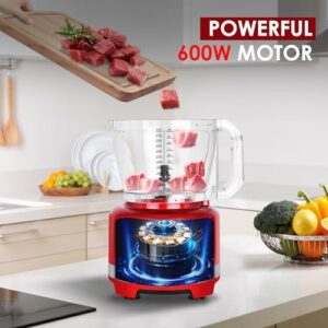 Homtone 16 Cup Food Processor, French-Fry-Cutter Food Processors, 9 Functions 7 Blades for Shredding, Slicing, Doughing, Emulsfying and Meat Vegetable Chopping for Home Use, 3 Speeds, 600W, Red