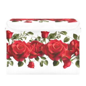 TecEr Red-roses-valentine's Day Large Fabric Foldable Storage Bins with Lids and Handle, Decorative Storage Box Cube for Shelves Closet Home Bedroom Office