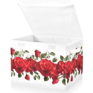 tecer red-roses-valentine's day large fabric foldable storage bins with lids and handle, decorative storage box cube for shelves closet home bedroom office