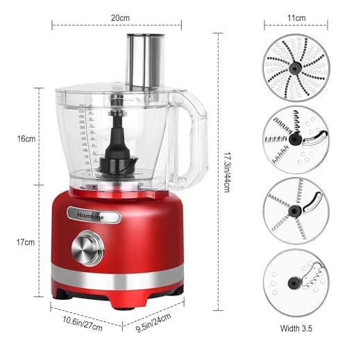 Homtone 16 Cup Food Processor, French-Fry-Cutter Food Processors, 9 Functions 7 Blades for Shredding, Slicing, Doughing, Emulsfying and Meat Vegetable Chopping for Home Use, 3 Speeds, 600W, Red