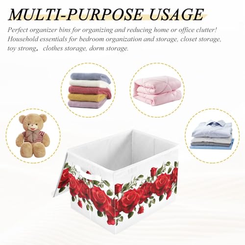 TecEr Red-roses-valentine's Day Large Fabric Foldable Storage Bins with Lids and Handle, Decorative Storage Box Cube for Shelves Closet Home Bedroom Office