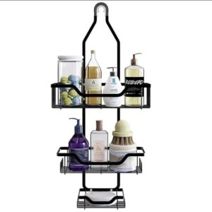 MLHpeak Shower Caddy Over Shower Head Rustproof Aluminum Large Hanging Shower Caddy with 12 Hooks for Razor/Sponge and Vacuum Suction Cups - Over The Shower Head Caddy with Soap Basket (Matte Black)