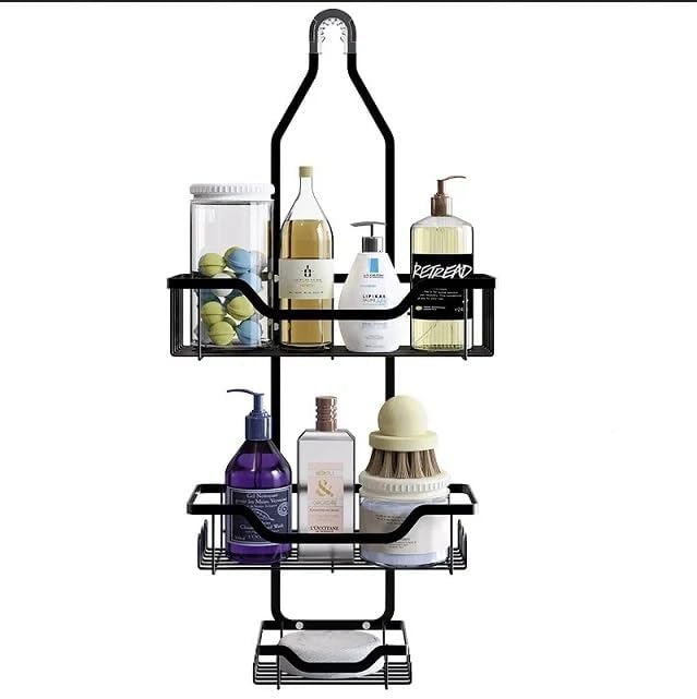 MLHpeak Shower Caddy Over Shower Head Rustproof Aluminum Large Hanging Shower Caddy with 12 Hooks for Razor/Sponge and Vacuum Suction Cups - Over The Shower Head Caddy with Soap Basket (Matte Black)