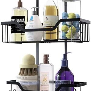 MLHpeak Shower Caddy Over Shower Head Rustproof Aluminum Large Hanging Shower Caddy with 12 Hooks for Razor/Sponge and Vacuum Suction Cups - Over The Shower Head Caddy with Soap Basket (Matte Black)