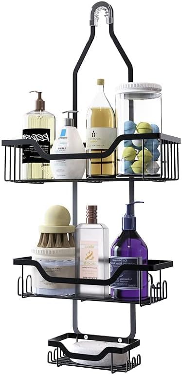 MLHpeak Shower Caddy Over Shower Head Rustproof Aluminum Large Hanging Shower Caddy with 12 Hooks for Razor/Sponge and Vacuum Suction Cups - Over The Shower Head Caddy with Soap Basket (Matte Black)