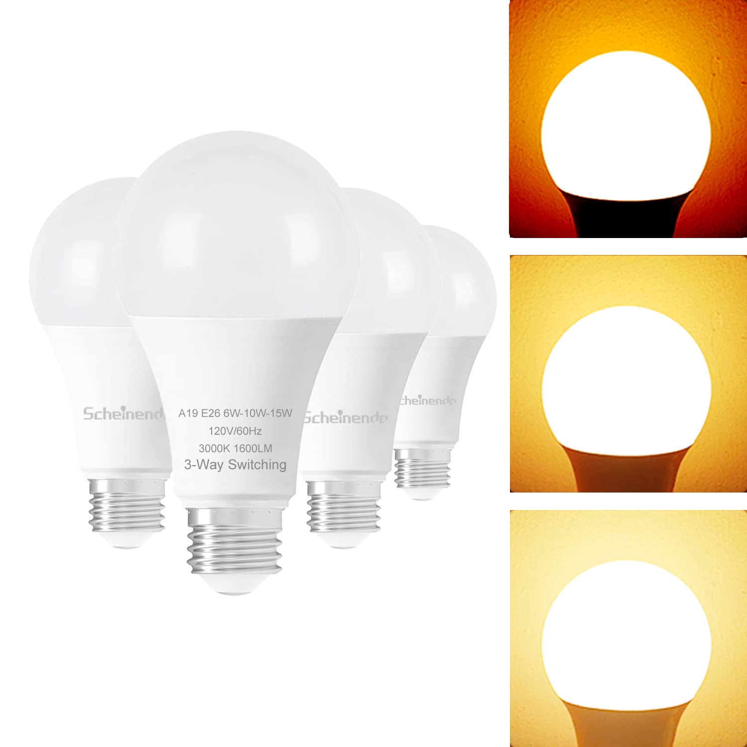 Scheinenda 3 Way Light Bulbs 4 Pack, 𝟑 𝐖𝐚𝐲 𝐋𝐄𝐃 𝐋𝐢𝐠𝐡𝐭 𝐁𝐮𝐥𝐛𝐬 30 70 100W Equivalent, Standard A19 LED Bulbs E26 Medium Base, Warm White 3000K, 500lm-1200lm-1600lm