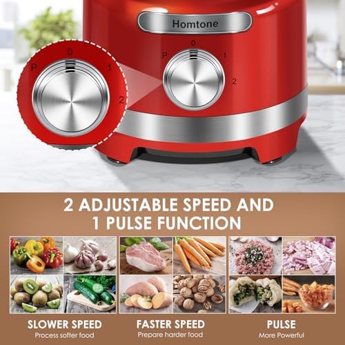 Homtone 16 Cup Food Processor, French-Fry-Cutter Food Processors, 9 Functions 7 Blades for Shredding, Slicing, Doughing, Emulsfying and Meat Vegetable Chopping for Home Use, 3 Speeds, 600W, Red