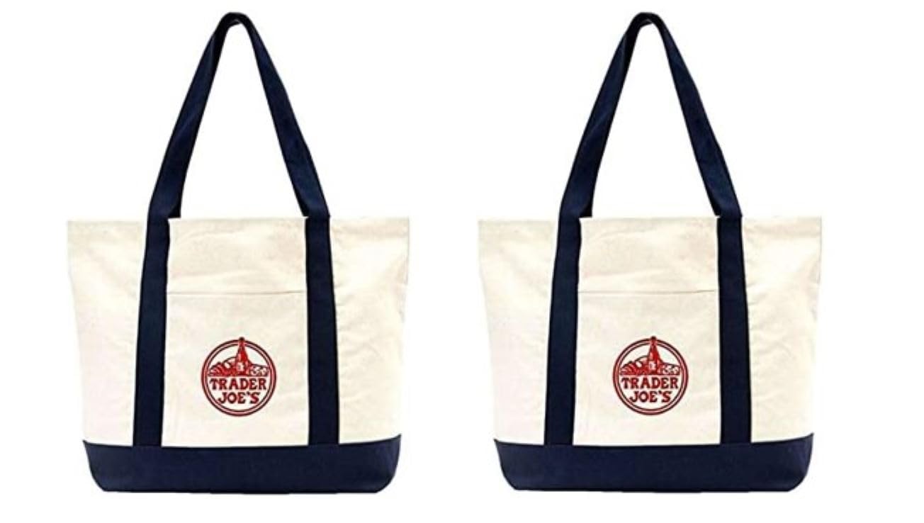 Trader Joe's Large Tote Shopping Bag Cotton Canvas Embroidered Bag (Set of 2)