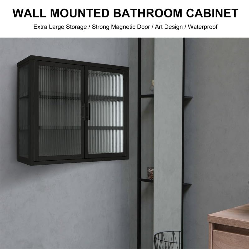 Bathroom Wall Cabinet, Over The Toilet Storage Cabinet with 2 Glass Doors & 3-Tier Storage, Bathroom Cabinet Wall Mount in Metal, Medicine Cabinets for Bathroom, Living Room, Laundry Room, Black