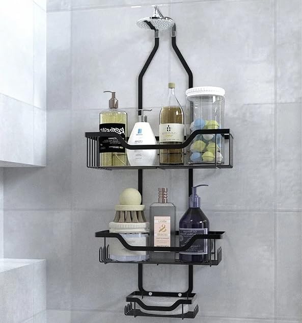 MLHpeak Shower Caddy Over Shower Head Rustproof Aluminum Large Hanging Shower Caddy with 12 Hooks for Razor/Sponge and Vacuum Suction Cups - Over The Shower Head Caddy with Soap Basket (Matte Black)