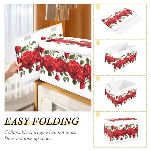 TecEr Red-roses-valentine's Day Large Fabric Foldable Storage Bins with Lids and Handle, Decorative Storage Box Cube for Shelves Closet Home Bedroom Office