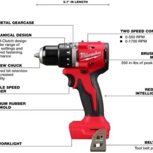 Milwaukee 3601-20 M118 18V Lithium-Ion Brushless Cordless 1/2 in. Compact Drill/Driver (Tool Only), Red