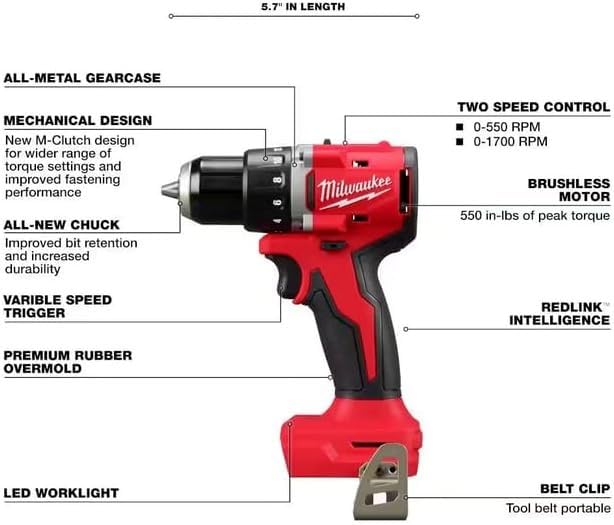 Milwaukee 3601-20 M118 18V Lithium-Ion Brushless Cordless 1/2 in. Compact Drill/Driver (Tool Only), Red