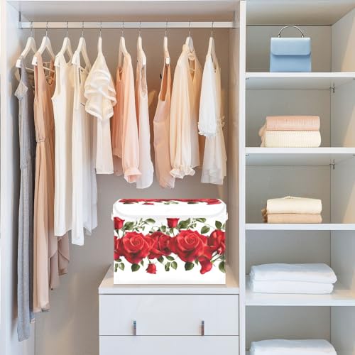 TecEr Red-roses-valentine's Day Large Fabric Foldable Storage Bins with Lids and Handle, Decorative Storage Box Cube for Shelves Closet Home Bedroom Office