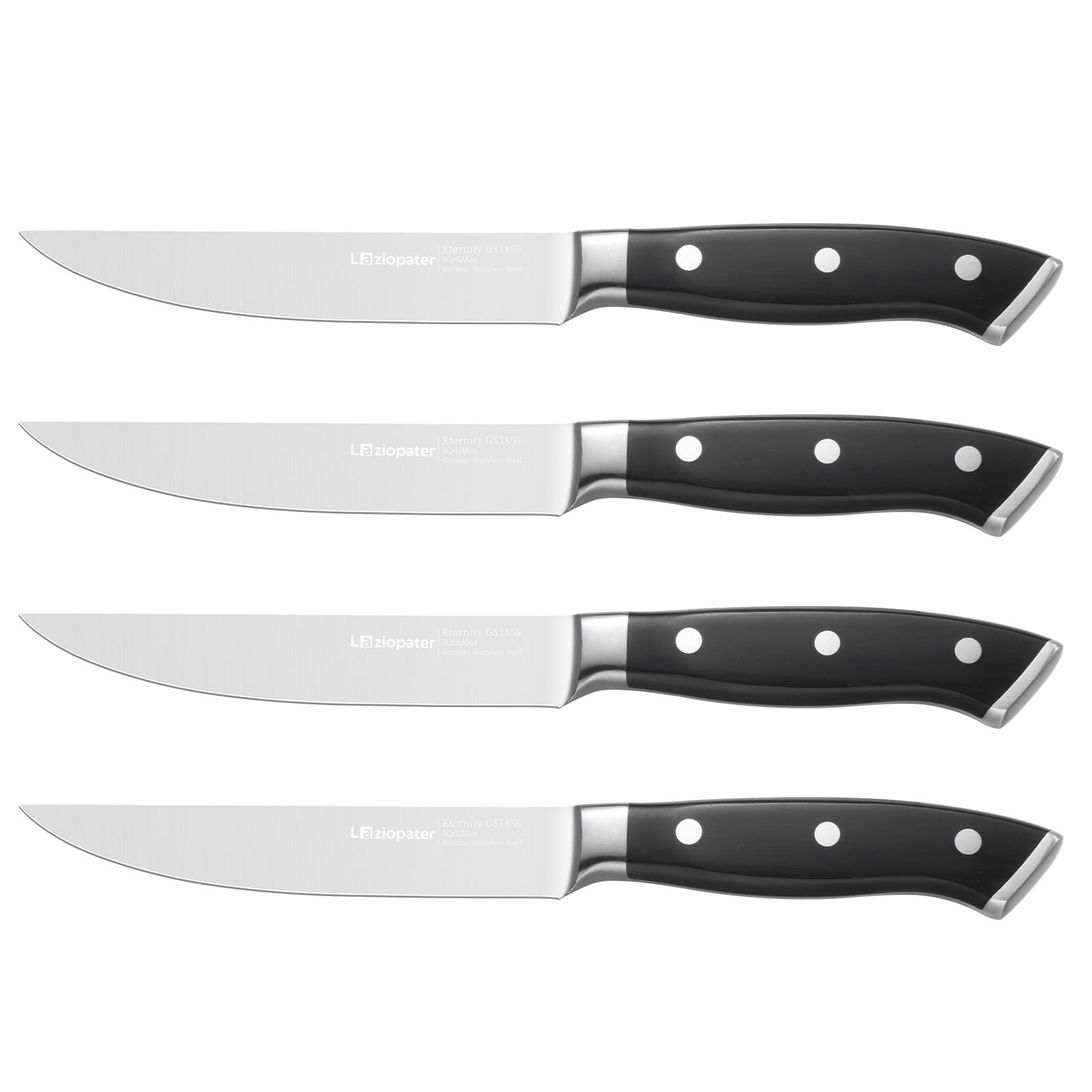 LAZIOPATER Steak Knives Set of 6, Non-Serrated Blades,5 inch Steak Knife, High Carbon Germany Stainless Steel, Premium 5" Kitchen Knives, Dishwasher Safe, with Gift Box, Black (4)