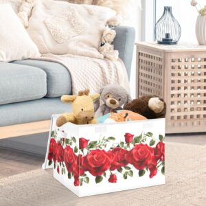 TecEr Red-roses-valentine's Day Large Fabric Foldable Storage Bins with Lids and Handle, Decorative Storage Box Cube for Shelves Closet Home Bedroom Office