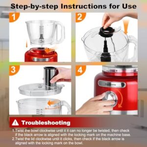 Homtone 16 Cup Food Processor, French-Fry-Cutter Food Processors, 9 Functions 7 Blades for Shredding, Slicing, Doughing, Emulsfying and Meat Vegetable Chopping for Home Use, 3 Speeds, 600W, Red