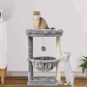 SYANDLVY Small Cat Tree for Indoor Cats, Activity Cat Tower with Scratching Post for Kittens, Cat Bed & Furniture with Basket & Hanging Ball for Play Rest