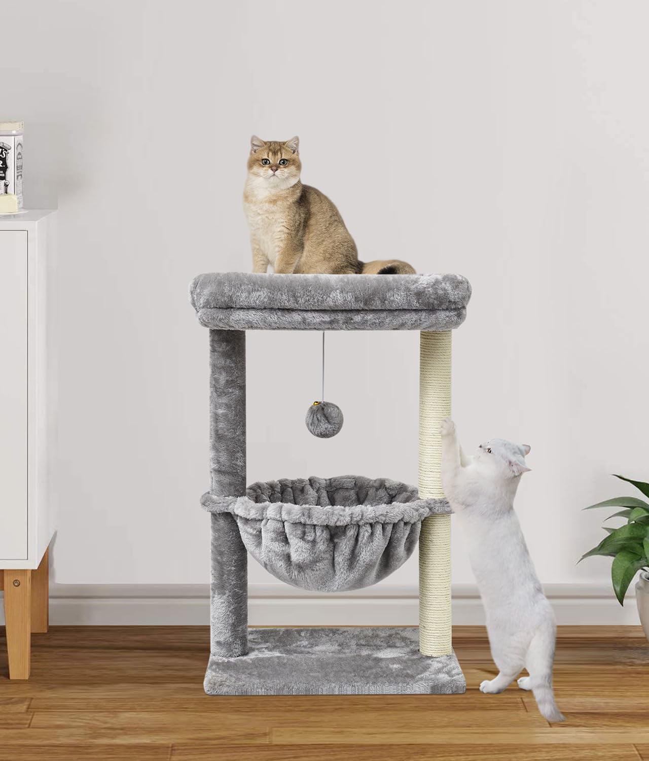 SYANDLVY Small Cat Tree for Indoor Cats, Activity Cat Tower with Scratching Post for Kittens, Cat Bed & Furniture with Basket & Hanging Ball for Play Rest