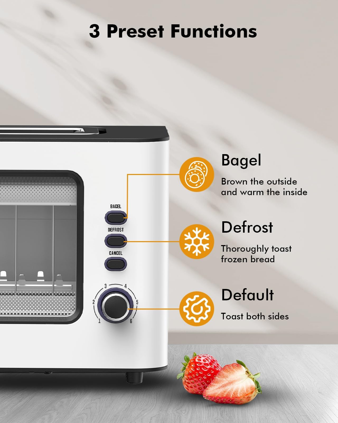 Clear View Toaster, LONGDEEM 1.75'' Extra Long Slot Glass Toasters Stainless Steel 2 Slice with 6 Browning Control for Bagel, Defrost & Auto Shut Off with Removable Crumb Tray, White