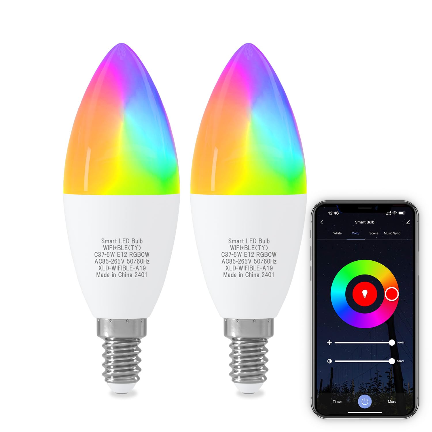 ORALUCE Smart Light Bulb Work with Alexa & Google Home, C37 E12 LED Light Bulb 40W Equivalent, 2.4GHz WiFi & Bluetooth Color Changing APP Dimmable, Multicolor LED Bulb 450 Lumens,2P