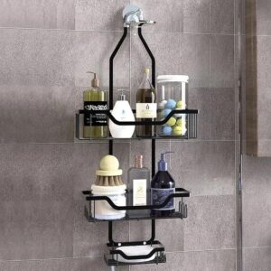 MLHpeak Shower Caddy Over Shower Head Rustproof Aluminum Large Hanging Shower Caddy with 12 Hooks for Razor/Sponge and Vacuum Suction Cups - Over The Shower Head Caddy with Soap Basket (Matte Black)