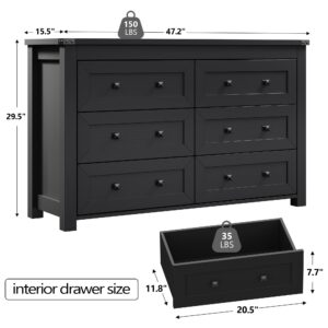 Boonatu Black Dresser for Bedroom with 6 Drawers, Wood Dressers Chest of Drawers with Metal Handles, Modern Bedroom Dresser with Drawers for Closet Hallway, Living Room, Black