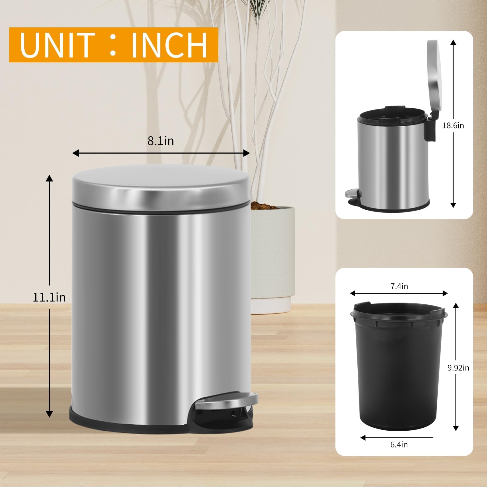 BLKMTY Trash Can Bathroom Trash Bin with Lid Waste Bin 6 L/1.6 Gallon Stainless Steel Garbage Can Round Portable Garbage Bin for Bathroom Office Bedroom Rubbish Bin Step-Open, Silver (2 Pack)