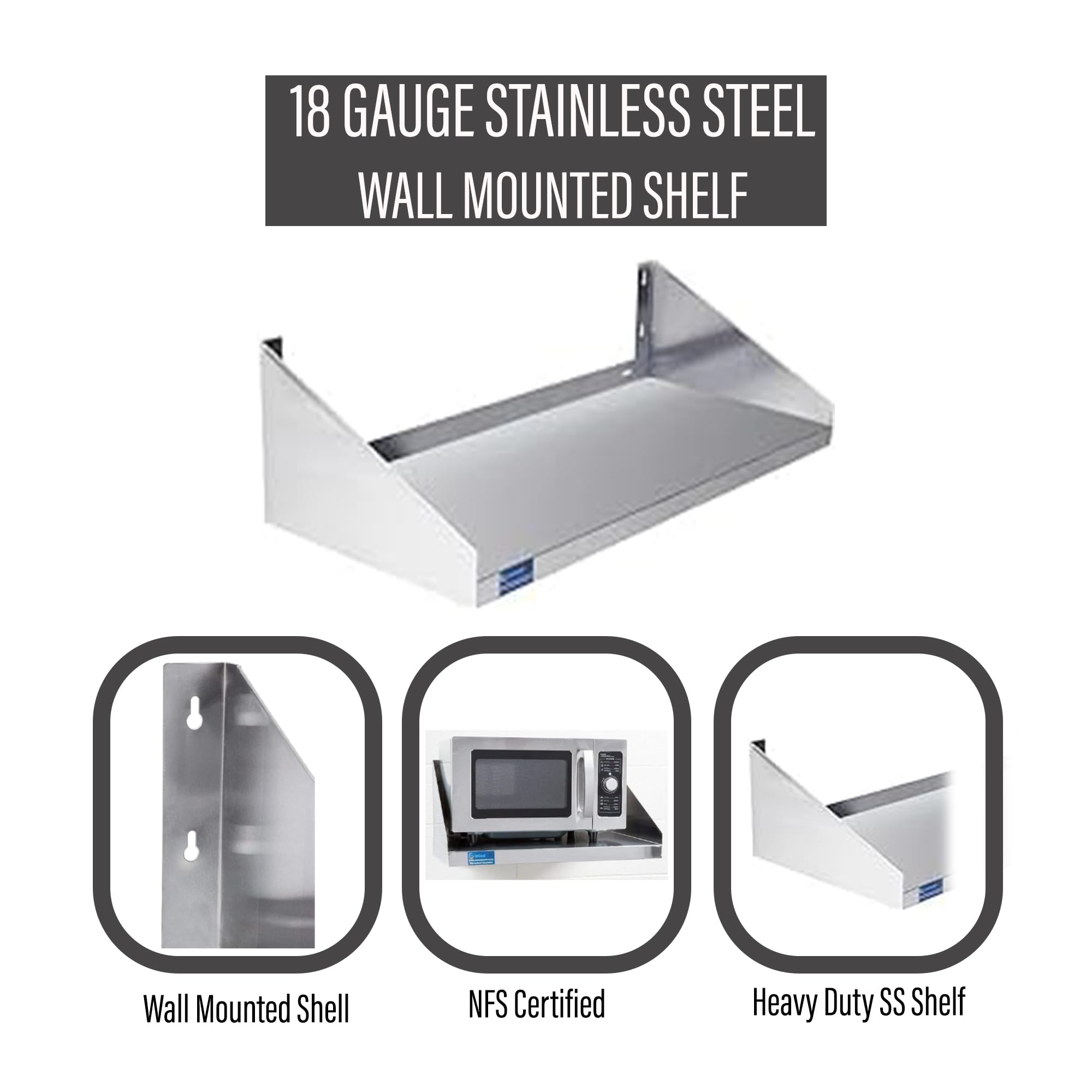 Express KitchQuip Premium Quality Stainless Steel Wall Shelf with Side Guards | Commercial Metal Shelving | | NSF Certified | (48" Long x 12" Deep)