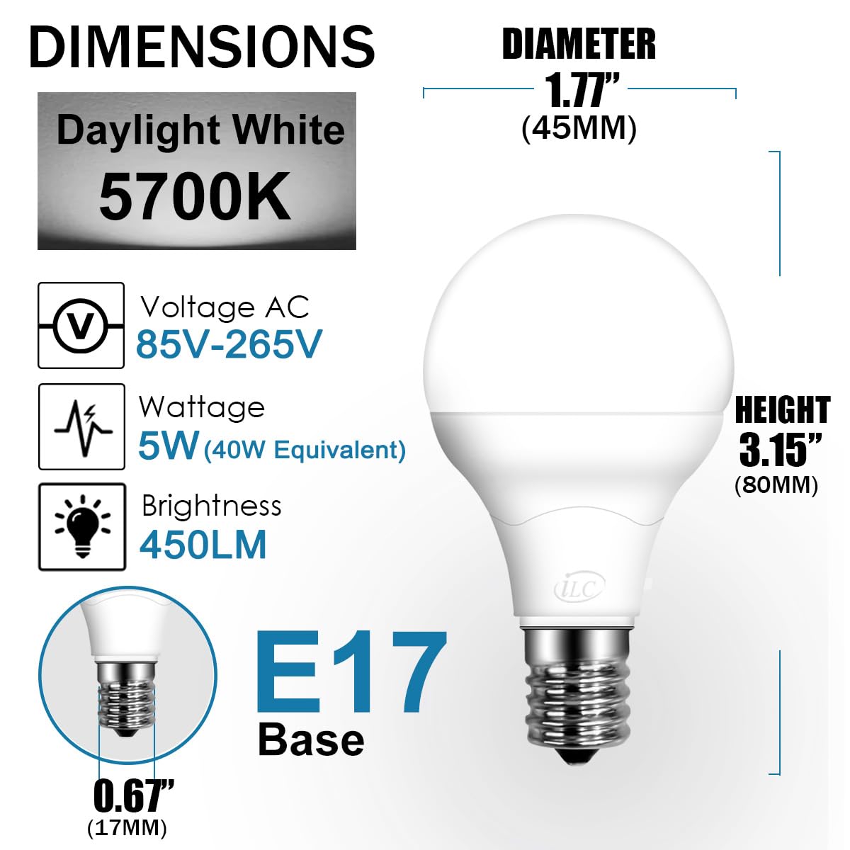 ILC E17 LED Light Bulbs (40w Equivalent) 5W, Color Changing RGB, 5700K Daylight White, 12 Colors 2 Modes Timing with Remote Control (4 Pack)