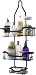 mlhpeak shower caddy over shower head rustproof aluminum large hanging shower caddy with 12 hooks for razor/sponge and vacuum suction cups - over the shower head caddy with soap basket (matte black)