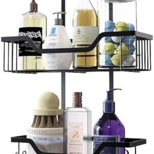 MLHpeak Shower Caddy Over Shower Head Rustproof Aluminum Large Hanging Shower Caddy with 12 Hooks for Razor/Sponge and Vacuum Suction Cups - Over The Shower Head Caddy with Soap Basket (Matte Black)