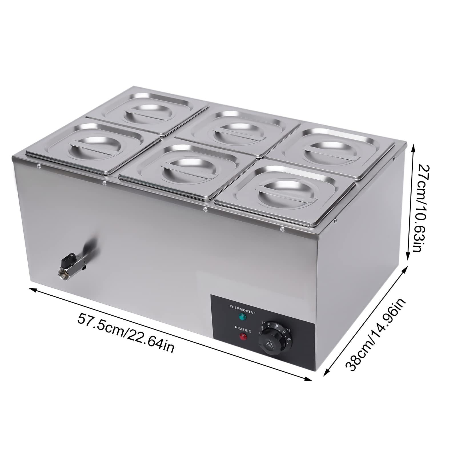 6 Pan Commercial Food Warmer Countertop with Lids, Electric Food Warmer Steam Table, 600W Professional Buffet Servers and Warmers Stainless Steel Buffet Bain Marie with 86-185°F Temp Control