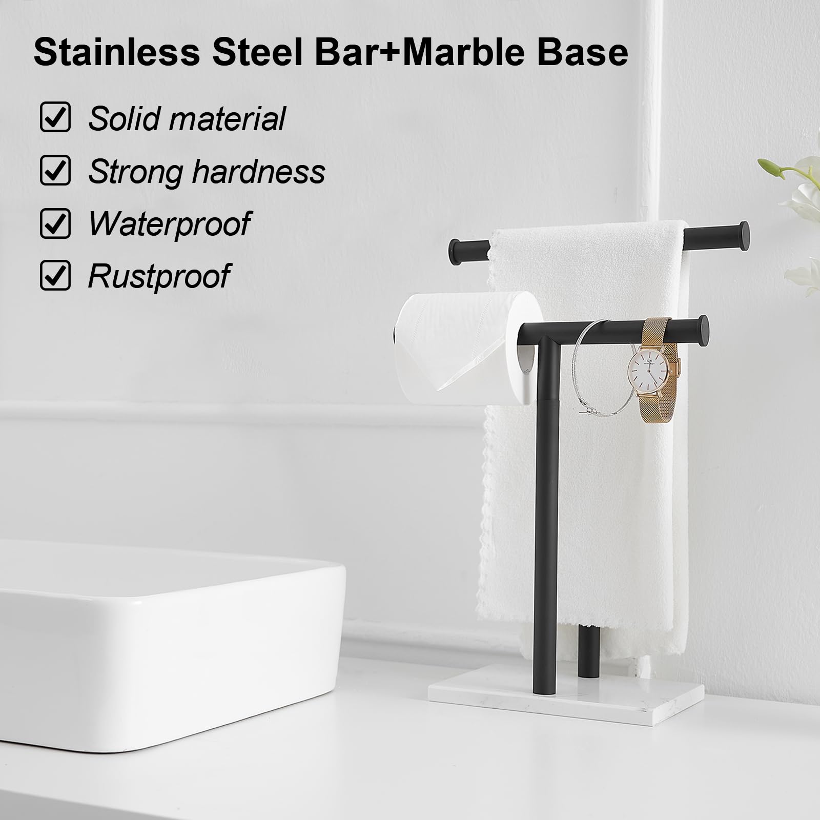 BATHLAVISH Bath Hand Towel Holder Standing, SUS304 Stainless Steel Matte Black T-Shape Towel Bar Rack Stand, Tower Bar for Bathroom Kitchen Vanity Countertop