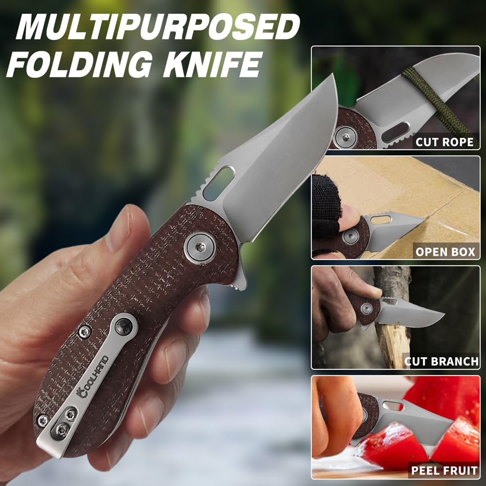 Cool Hand 5.59'' Ball Bearing Knife, Mini Folding Knives, 8Cr13 Stainless Steel Blade, Micarta Handle, Liner Lock Mechanism, w/Pocket Clip, EDC Pocket Knives