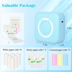 Vicbear Mini Thermal Printer, Inkless Sticker Printer with 14 Rolls Paper, Bluetooth Portable Printer for iPhone/Android Phone/Tablet, Mini Pocket Printer for Photos/Stickers/Labels/Notes, Blue