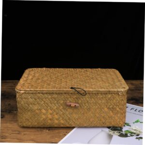 Garneck Rattan Storage Bins 2pcs Bin Storage Organizer Storage Bins with Lids Straw Basket with Lid Makeup Drawer Woven Basket Small Rattan Storage Organizer