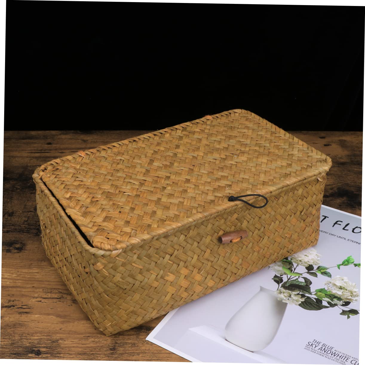 Garneck Rattan Storage Bins 2pcs Bin Storage Organizer Storage Bins with Lids Straw Basket with Lid Makeup Drawer Woven Basket Small Rattan Storage Organizer