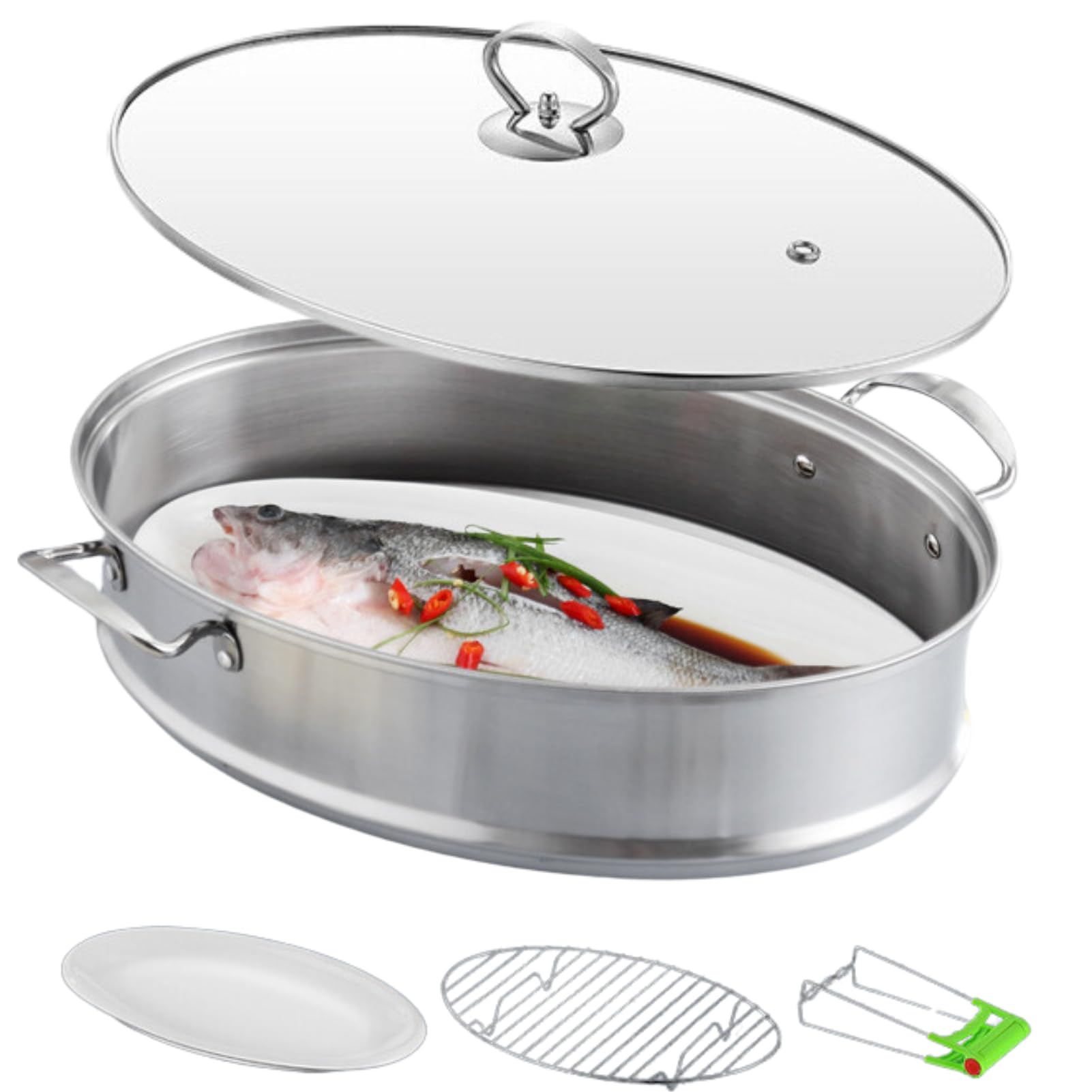 GOVNPJ Stainless Steel Fish Steamer, Fish Steamer for Cooking Multi-Use Oval Pasta Pot/Braiser with Rack, Ceramic Pan, Chuck, Stockpot for Steaming Fish, Boiling Soup