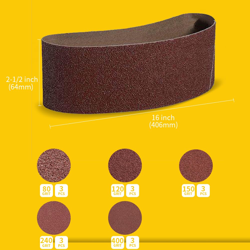 15 Pcs 2-1/2 x 16 Inch Assorted Aluminum Oxide Belt Sander Sanding Belt - 3 Each of 80/120/150/240/400 Grits