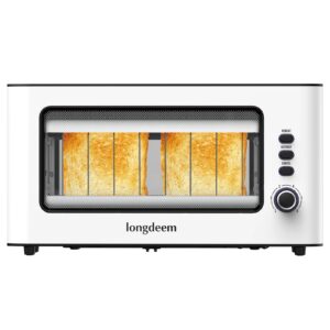 clear view toaster, longdeem 1.75'' extra long slot glass toasters stainless steel 2 slice with 6 browning control for bagel, defrost & auto shut off with removable crumb tray, white