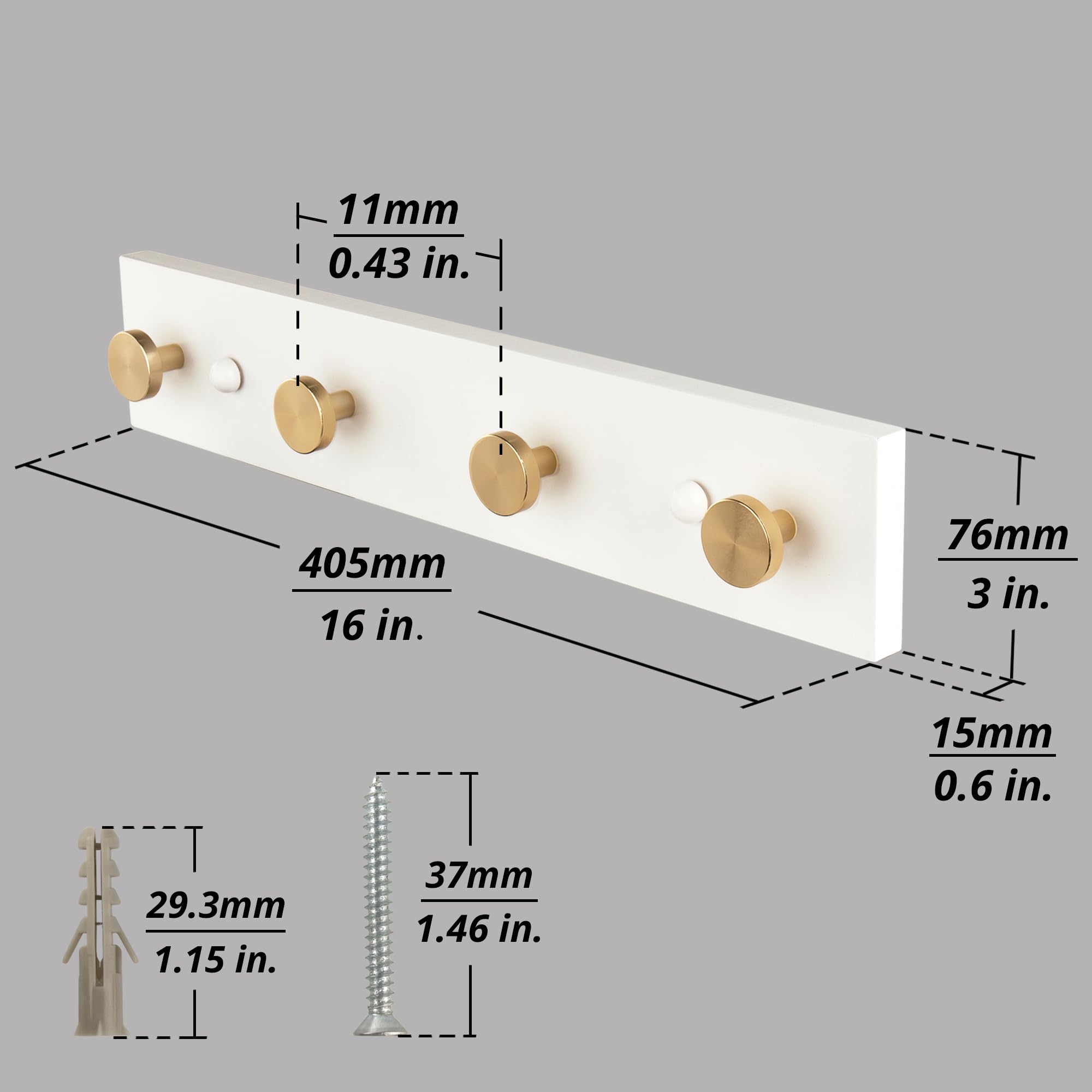 HASWARE 16'' Wall Mount Coat Hooks, Wooden Coat Rack with 4 Hooks Aluminum Wall Hooks, for Hat Towel Hanger Key Bag (White Plate & Golden Hook)