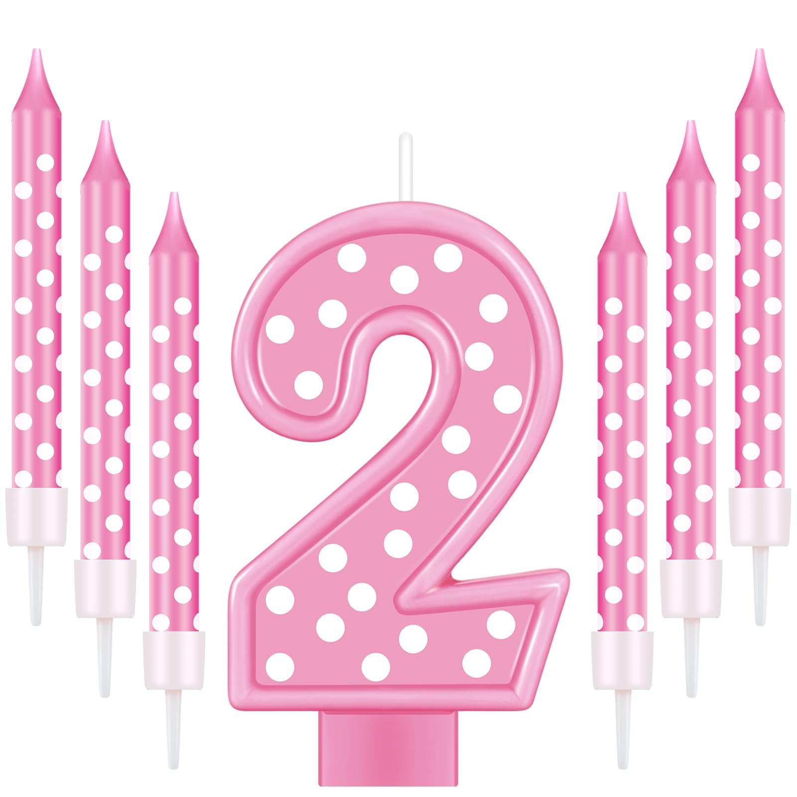 Birthday Candle Number Girls 3 Inch Hot Pink Candle and 6 Pcs Polka Dot Birthday Candles 3.8 Inch First Party Cake Birthday Decorations for Girl (Number 2)