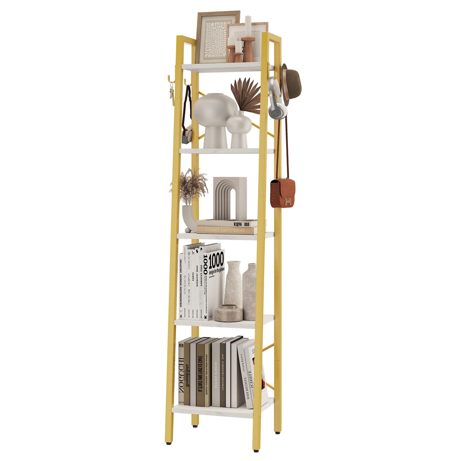 YMYNY Bookcase, 5-Tier Narrow Ladder Bookshelf, Freestanding Shelving Unit, Multifunctional Storage Rack, for Home Office Living Room Bedroom Kitchen, Plant Stand, White, UHBC025W