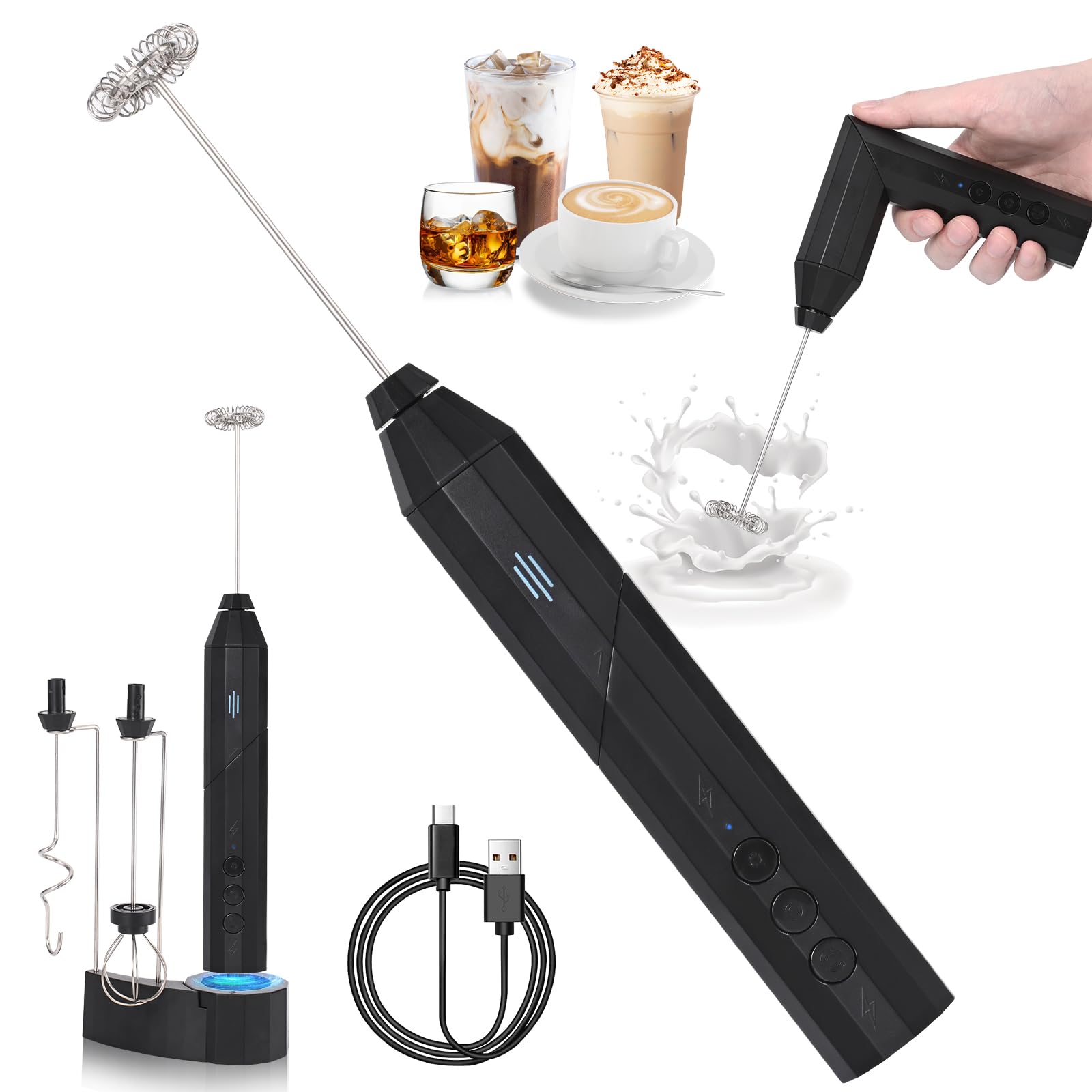 Rechargeable Milk Frother Handheld with 3 Heads, Coffee Electric Whisk Drink Foam Mixer with Stand, Hand Stirrer with 3 Speeds Adjustable and 2 grip methods for Latte, Cappuccino, Hot Chocolate, Egg